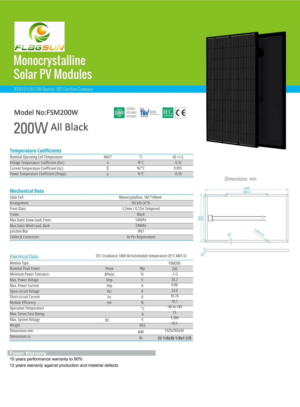 Flagsun panneau solaire 200W compact Full Black FSM200W