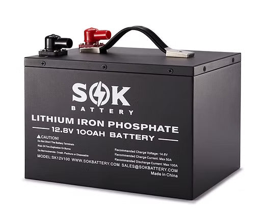 SOK - Batterie au lithium 12V 100Ah Bluetooth, Auto-chauffante avec boitier de métal