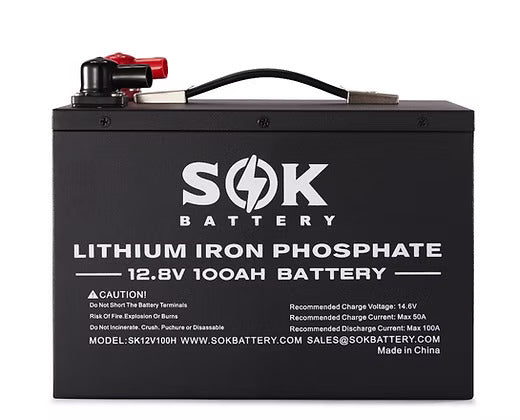 SOK - Batterie au lithium 12V 100Ah Bluetooth, Auto-chauffante avec boitier de métal