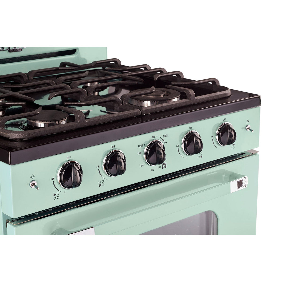 Detail des boutons de la cuisiniere Unique Classic Retro 30 po vert menthe