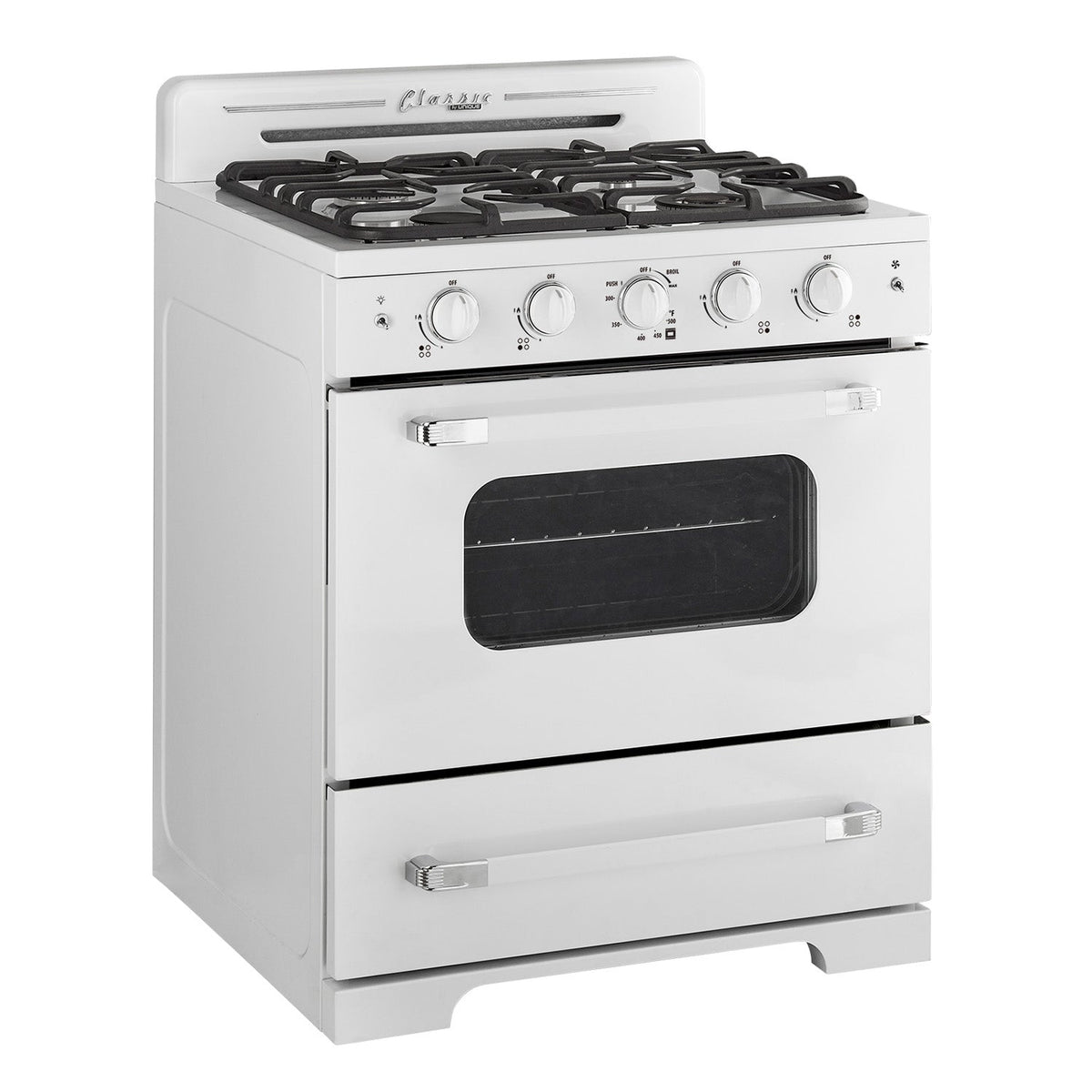 Cuisiniere Unique Classic Retro 30 po blanche, vue trois quarts