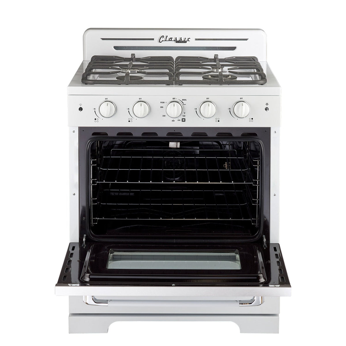 Cuisiniere Unique Classic Retro 30 po blanche, four ouvert