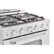 Detail des boutons de la cuisiniere Unique Classic Retro 30 po blanche