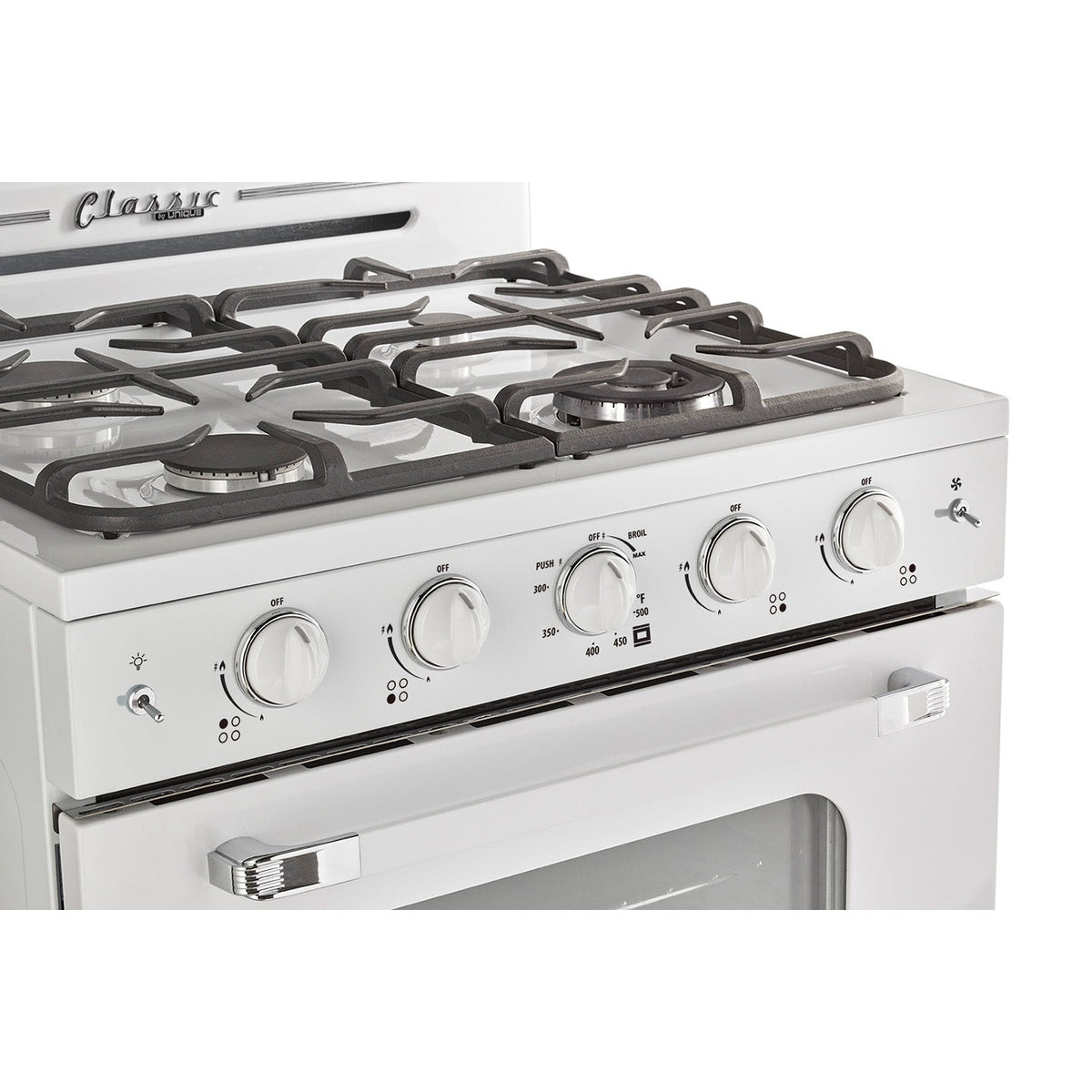 Detail des boutons de la cuisiniere Unique Classic Retro 30 po blanche