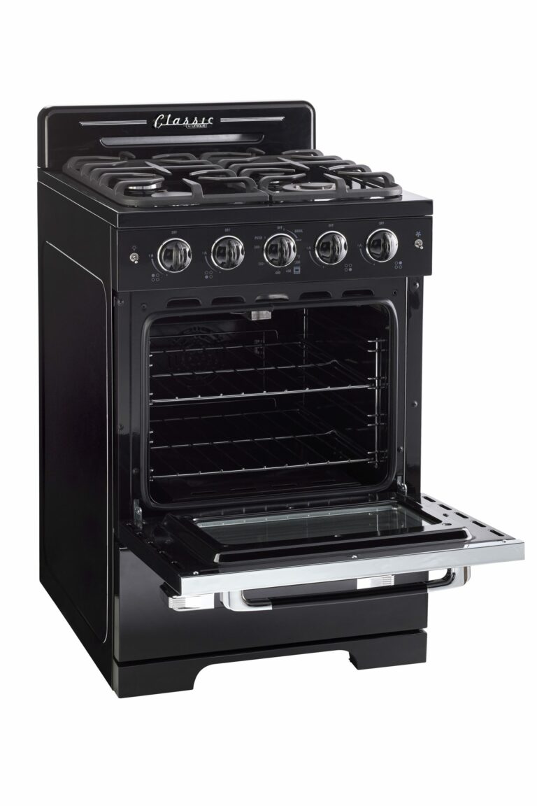 Cuisiniere Unique Classic Retro 24 po noire, vue trois quarts four ouvert