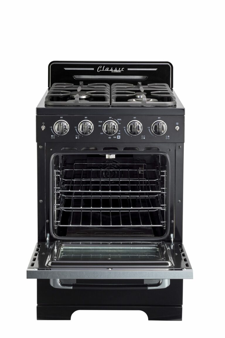 Cuisiniere Unique Classic Retro 24 po noire, four ouvert