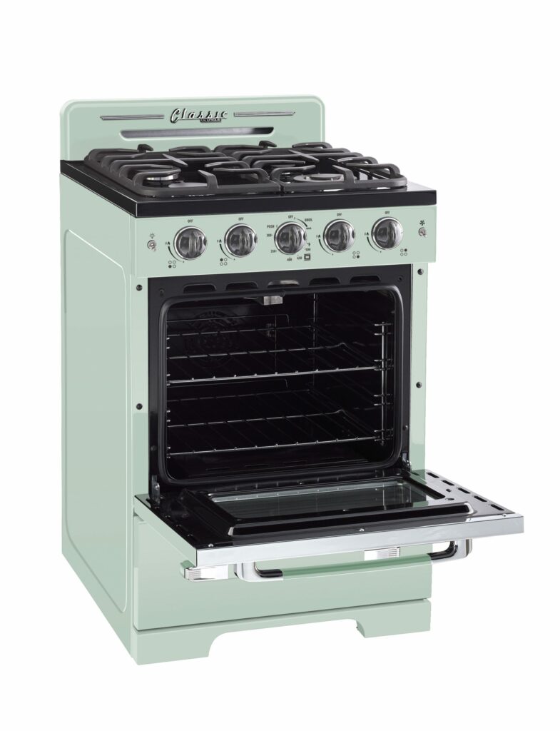 Cuisiniere Unique Classic Retro 24 po vert menthe, vue trois quarts four ouvert