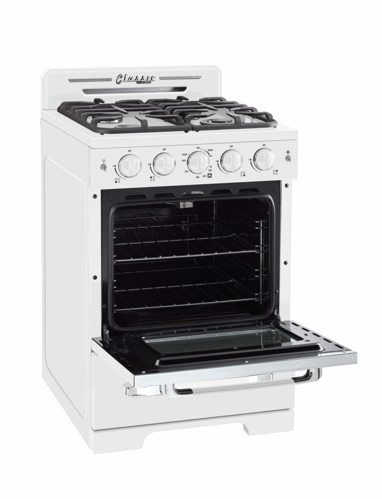 Cuisiniere Unique Classic Retro 24 po blanche, vue trois quarts four ouvert