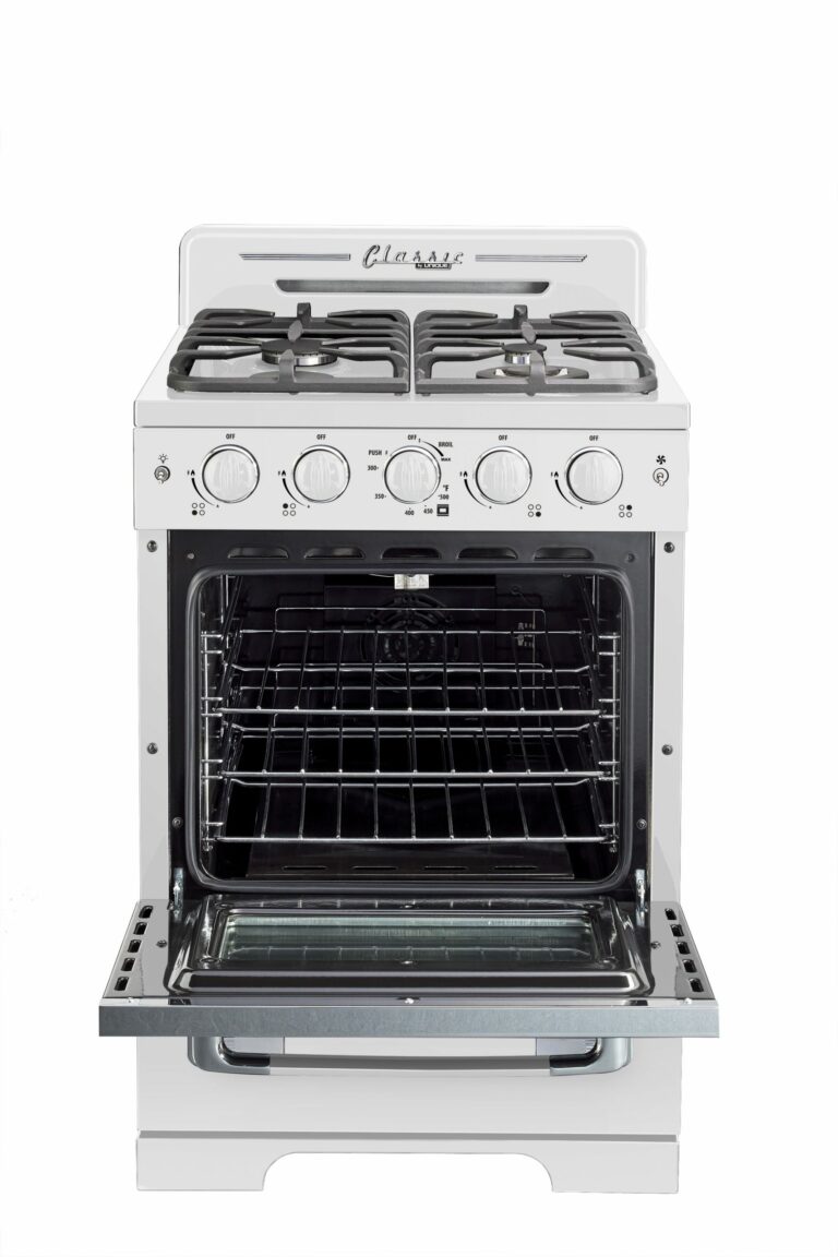 Cuisiniere Unique Classic Retro 24 po blanche, four ouvert