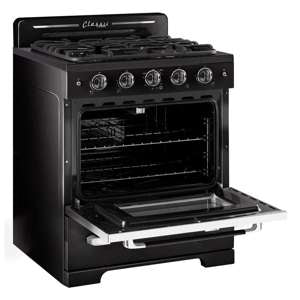 Cuisiniere Unique Classic Retro 30 po noire, vue trois quarts four ouvert